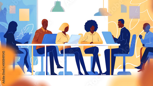 A diverse group of people sit around a table, talking to each other, and subtle outlines of other figures add depth to the scene. The illustration style uses simple shapes and flat colors to depict th