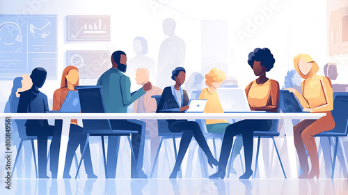 A diverse group of people sit around a table, talking to each other, and subtle outlines of other figures add depth to the scene. The illustration style uses simple shapes and flat colors to depict th