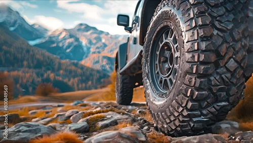Robust offroad tire with shiny alu rim, contrasting with the ruggedness of the natural landscape behind photo