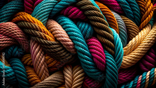 Team rope diverse strength connect partnership together teamwork unity communicate support. Strong diverse network rope team concept integrate braid color background cooperation empower power. 