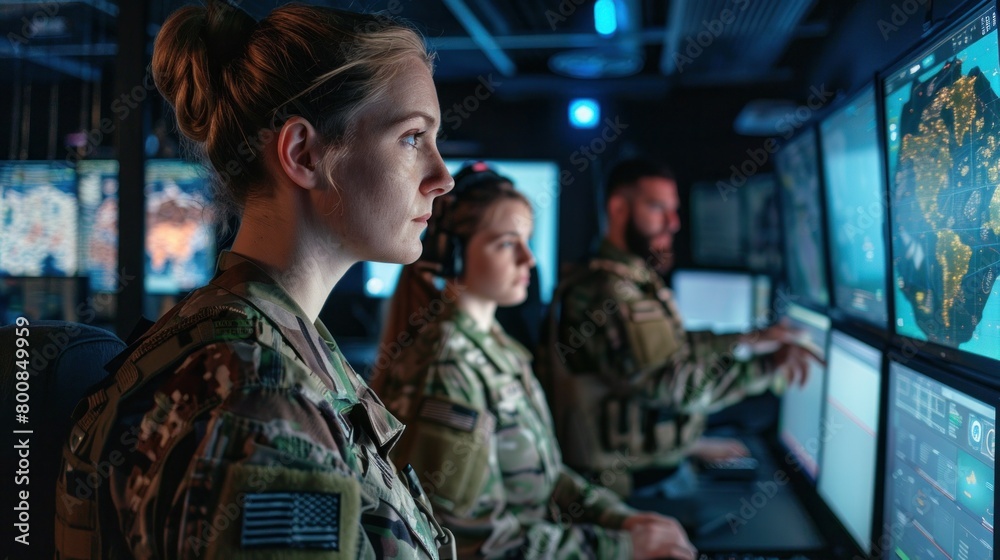 in the military control room A soldier sits with headphones on and looks at a laptop screen. in the military control room A soldier sits with headphones on and looks at a laptop screen.