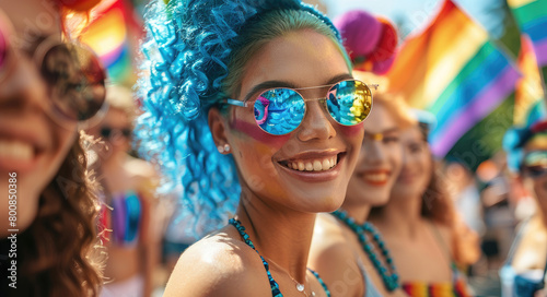 A group of young women with colorful hair and rainbow sunglasses smiling at the camera at an outdoor pride event © Kien