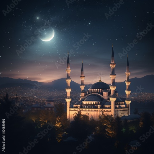Sultan Ahmed Mosque in Istanbul at night with full moon and stars photo