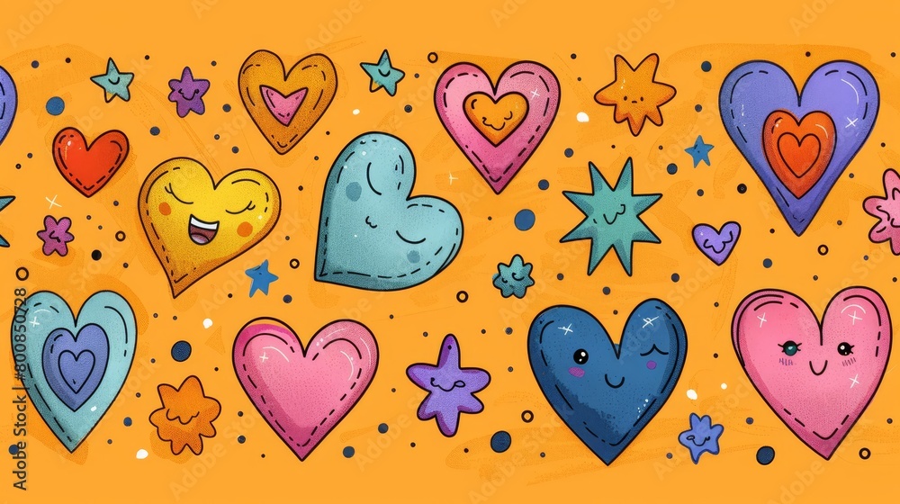   A yellow background adorned with several hearts and stars, one heart bearing a smiley face