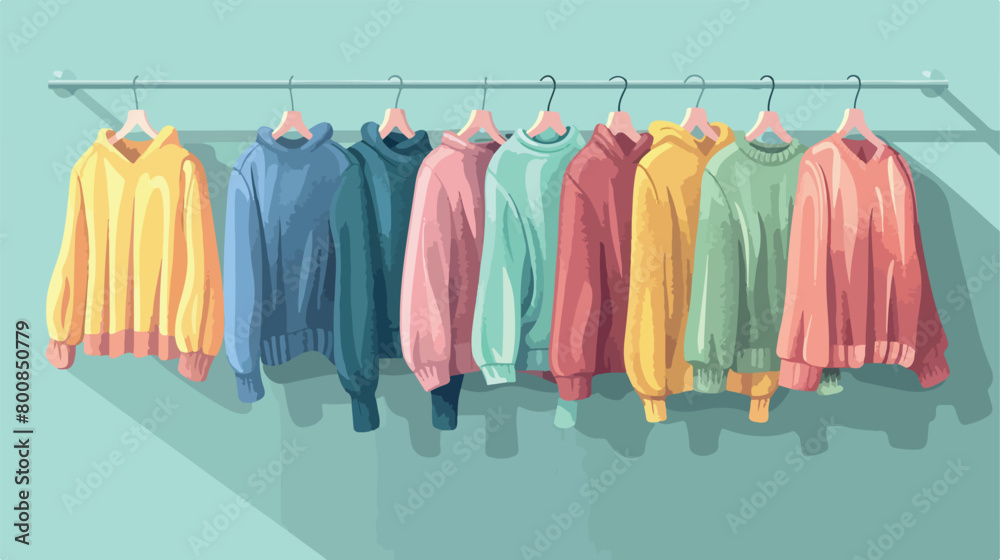 Rack with warm female sweaters near color wall Vector