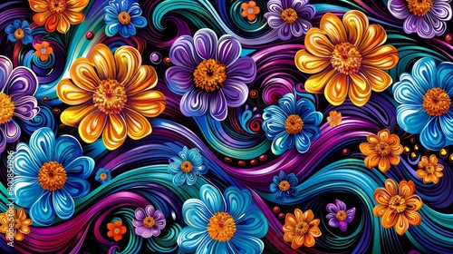  A painting of colorful flowers features swirls at the bottom The blooms include orange, blue, yellow, purple, and two shades of purple, as well as red and white