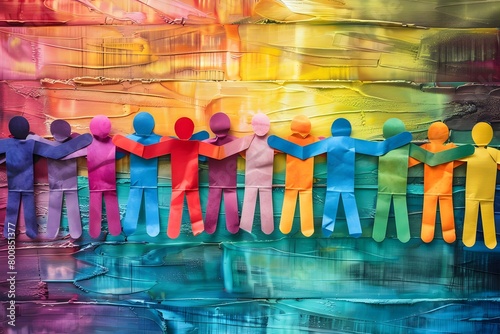 A photo featuring a chain of paper figures with linked arms against a vibrant, multicolored painted canvas, symbolizing unity and diversity in a community