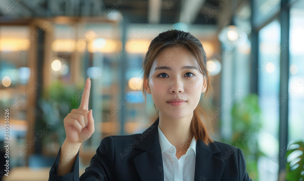 人差し指を上げる女性 人差し指を上げる女性