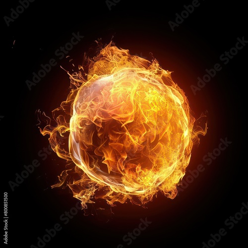 Vividly blazing  a 3D ball of fire ascends through the dark void  illuminating the black canvas with mesmerizing brilliance