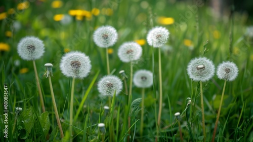 white dandelions weeds on grassland.