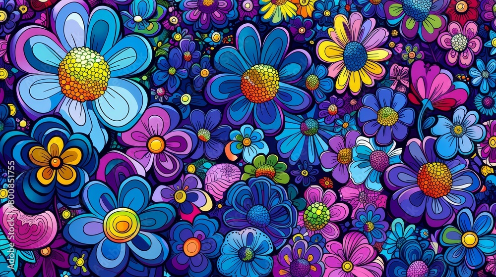 A purple background bears a collection of flowers in shades of purple, blue, pink, and yellow A purple background bears a collection of flowers in shades of purple, blue, pink, and yellow