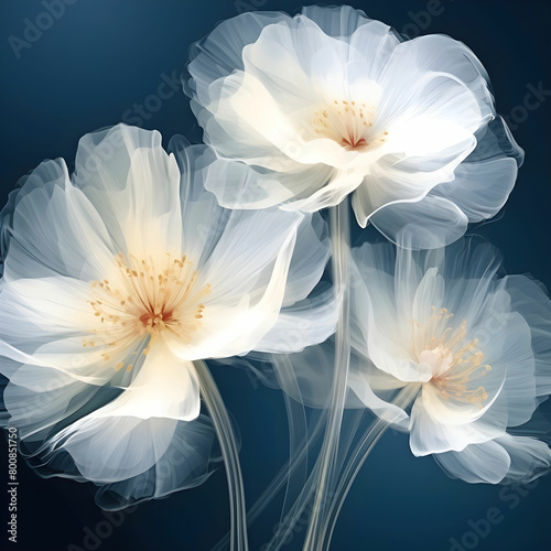 Art background with transparent x-ray flowers. Blooming flowers. Beautiful floral backdrop. Illustration for cover, card, postcard, interior design, packaging, invitations or print