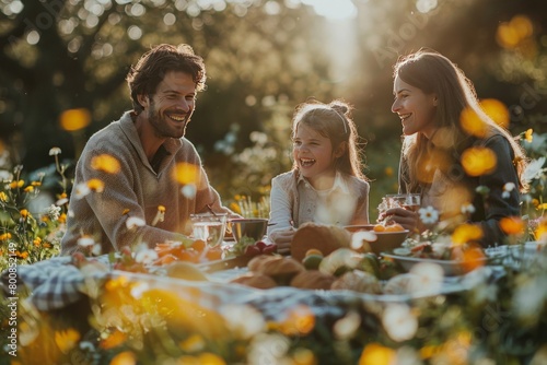 A family enjoying an outdoor picnic with sandwiches and fruits in a warm and joyful style