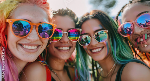 A group of young women with colorful hair and rainbow sunglasses smiling at the camera at an outdoor pride event