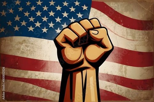 Raised fist symbol with USA flag background, May Day, May 1, International Workers' Day, labor day concept photo