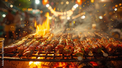 Succulent BBQ grilling against a backdrop of blurred party revelry, adding flavor to the festive occasion. © Piyaphorn
