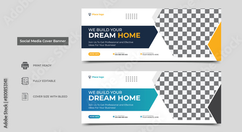 Construction social media cover banner design template. Home improvement web banner template. Dream home for sale social media cover banner template.
