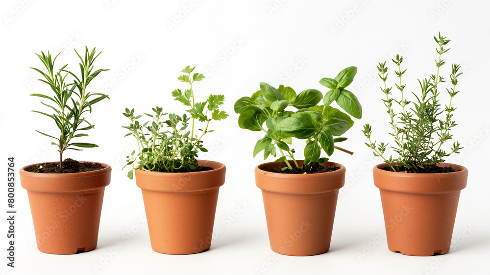 Four terra cotta pots with assorted green herbs on a white background.