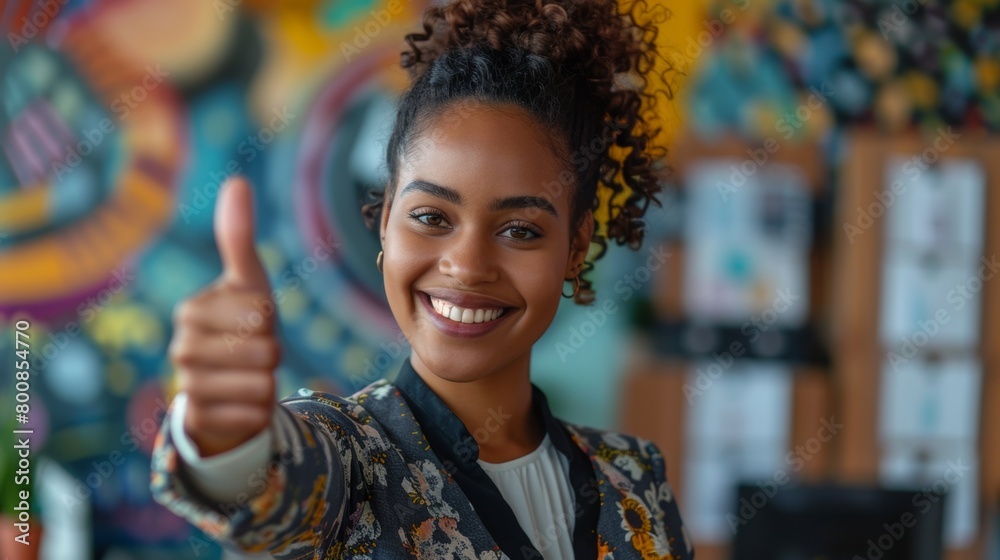 A confident businesswoman giving a thumbs up, celebrating achievements and milestones with optimism and pride. A confident businesswoman giving a thumbs up, celebrating achievements and milestones with optimism and pride.