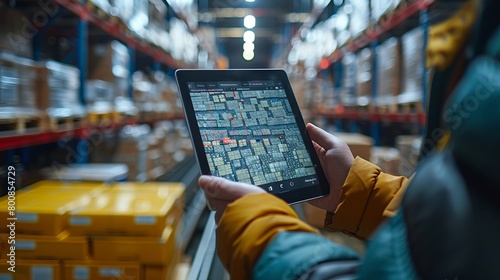 Warehouse worker using tablet, digital inventory management, stock monitoring, handheld device,
