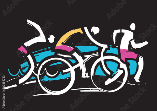Triathlon race,  runner, swimmer, cyclist,  expressive stylized. 
Three triathlon athletes on the black background. Vector available.
