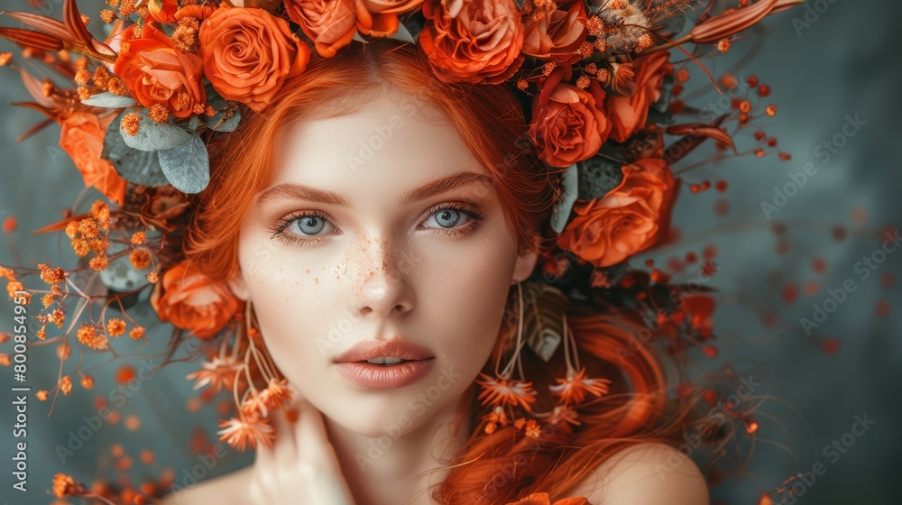   A woman with freckled hair and blue eyes wears orange flowers in her hair, topped with a wreath of the same