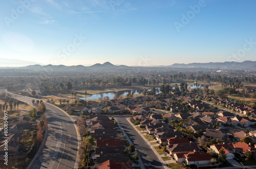 Daytime aerial view from hot air balloon of housing in Winchester southern California United States