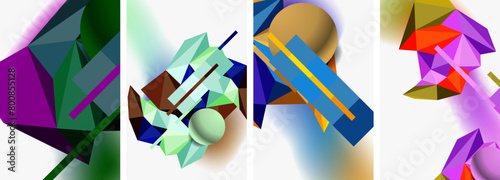 A vibrant collage of geometric shapes in electric blue, circles, rectangles, and various colors on a white background. A dynamic and modern fusion of visual arts and fashion accessory
