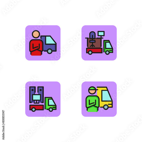 Cargo transportation line icon set. Porters, trucks and furniture transportation and home appliances.  Moving concept. Vector illustration for web design