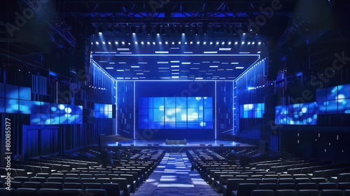 Design a wide conference stage with professional lighting, expansive screens, comfortable seating, and advanced sound systems for a captivating presentation experience