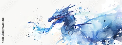 watercolor splash art, fantasy dragon breathing ice on white background