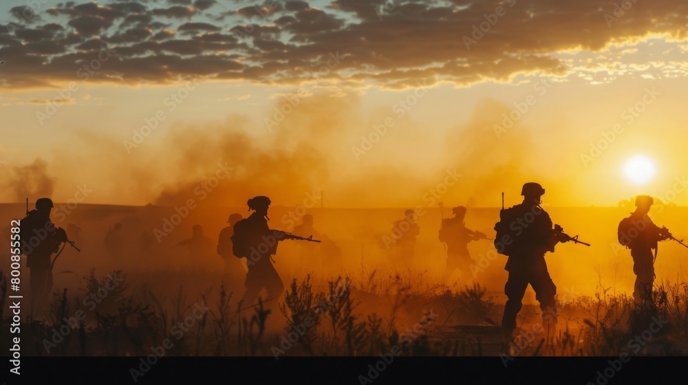 silhouette of soldiers in the sunset. on the battlefield ground war.