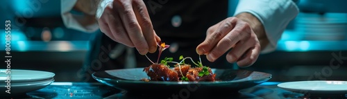A chef carefully arranges the final touches on a plate of food, adding a garnish of microgreens and edible flowers.