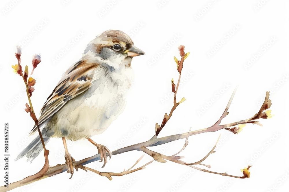 A beautiful watercolor painting of a sparrow perched on a branch