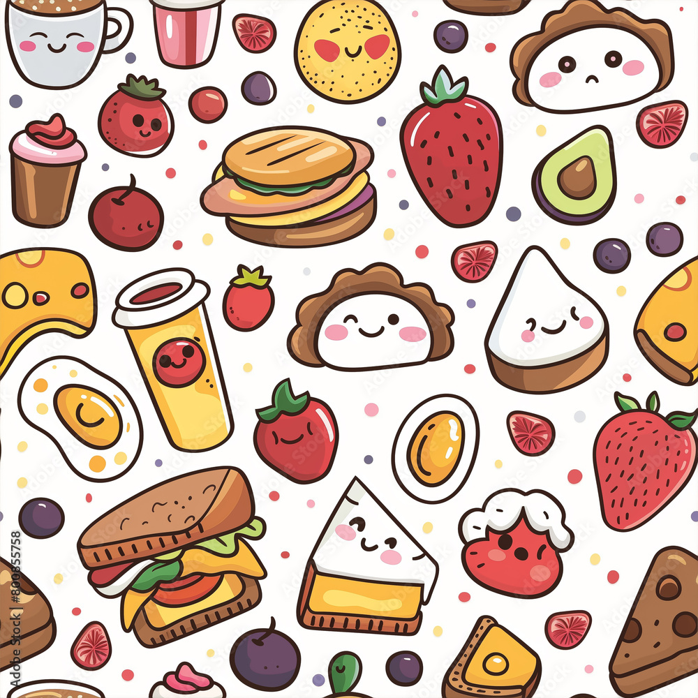 kawaii breakfast foods illustration with white background, tile pattern.