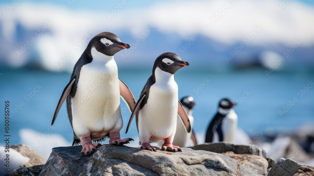 Fototapeta premium An adorable family of penguins waddle along the icy shores of Antarctica.