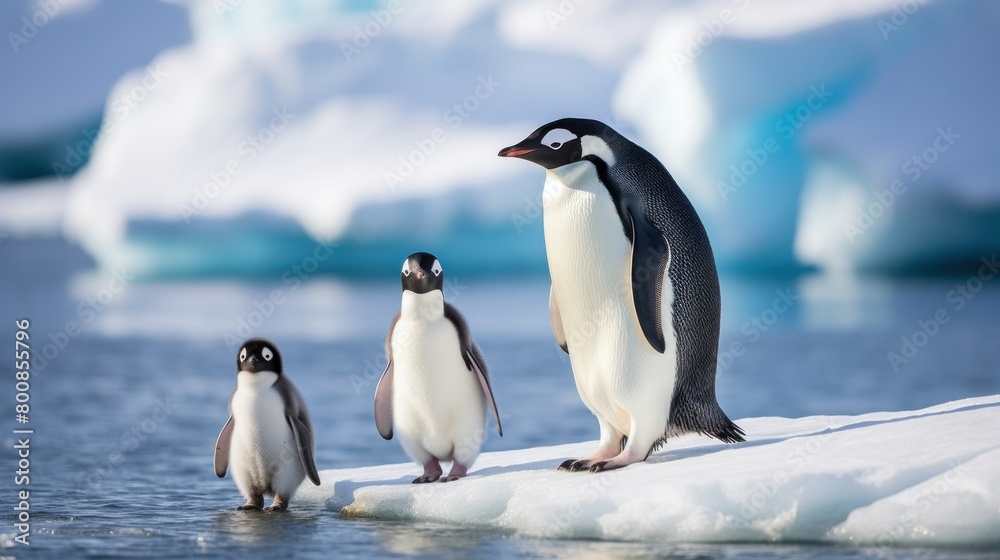 Obraz premium An adorable family of penguins waddle along the icy shores of Antarctica.