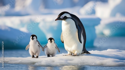 An adorable family of penguins waddle along the icy shores of Antarctica.