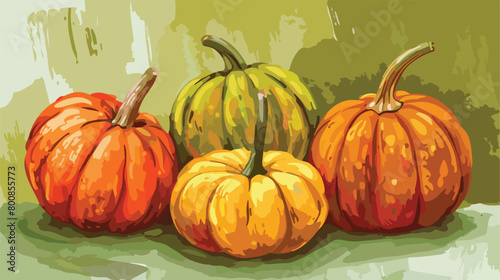 Ripe beautiful pumpkins on green background Vector illustration