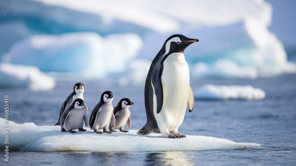 Fototapeta premium An adorable family of penguins waddle along the icy shores of Antarctica.