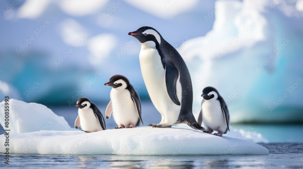 Obraz premium An adorable family of penguins waddle along the icy shores of Antarctica.