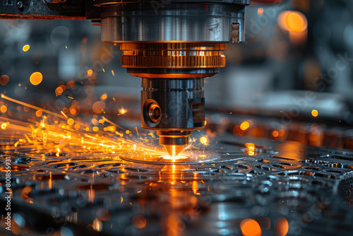 A closeup of an industrial laser machine in action, creating intricate patterns on metal materials with sparks flying around it. Created with Ai