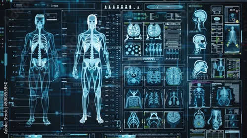 Futuristic medical user interface displaying a patient's vital signs and medical scans.