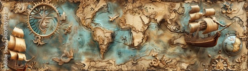 An old world map with a compass and ships. The map is made of wood and metal.
