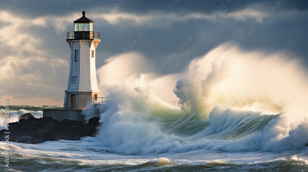 A lighthouse that stands tall against the waves crashing on the water's edge.