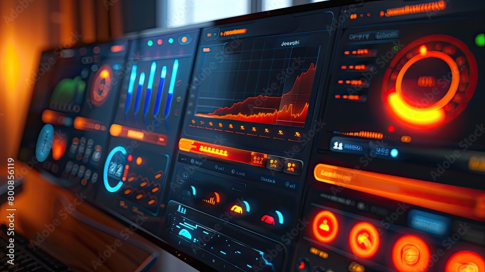 Obraz premium User interface for a smart home system with control panels and stats