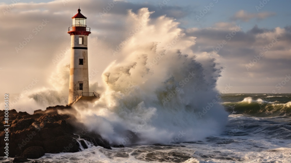 A lighthouse that stands tall against the waves crashing on the water's edge. A lighthouse that stands tall against the waves crashing on the water's edge.