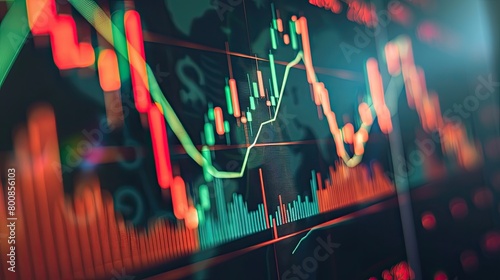 The image shows a close-up of a stock market trading screen with red and green candlesticks, indicating price changes. photo