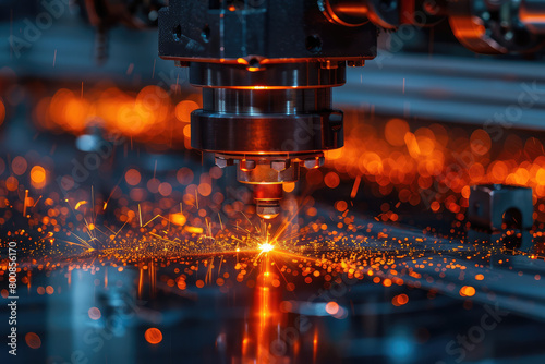 A closeup of a laser machine tool creating sparks and light, on a dark background with a bokeh effect. Created with Ai