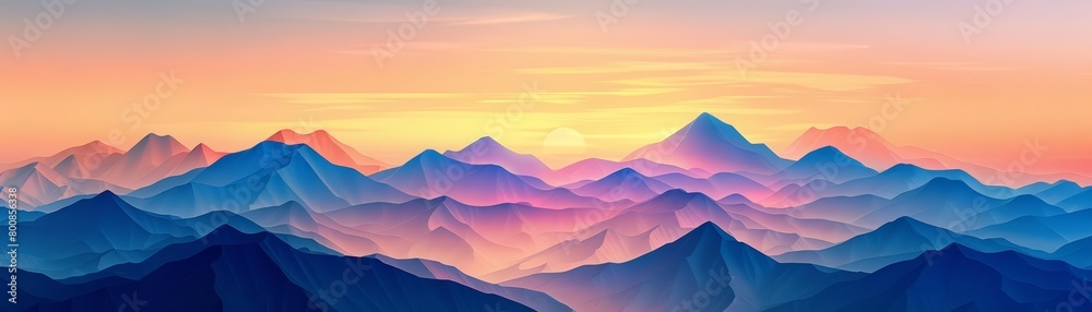 Create a beautiful landscape painting of a mountain range at sunset. The colors should be vibrant and the mood should be peaceful.